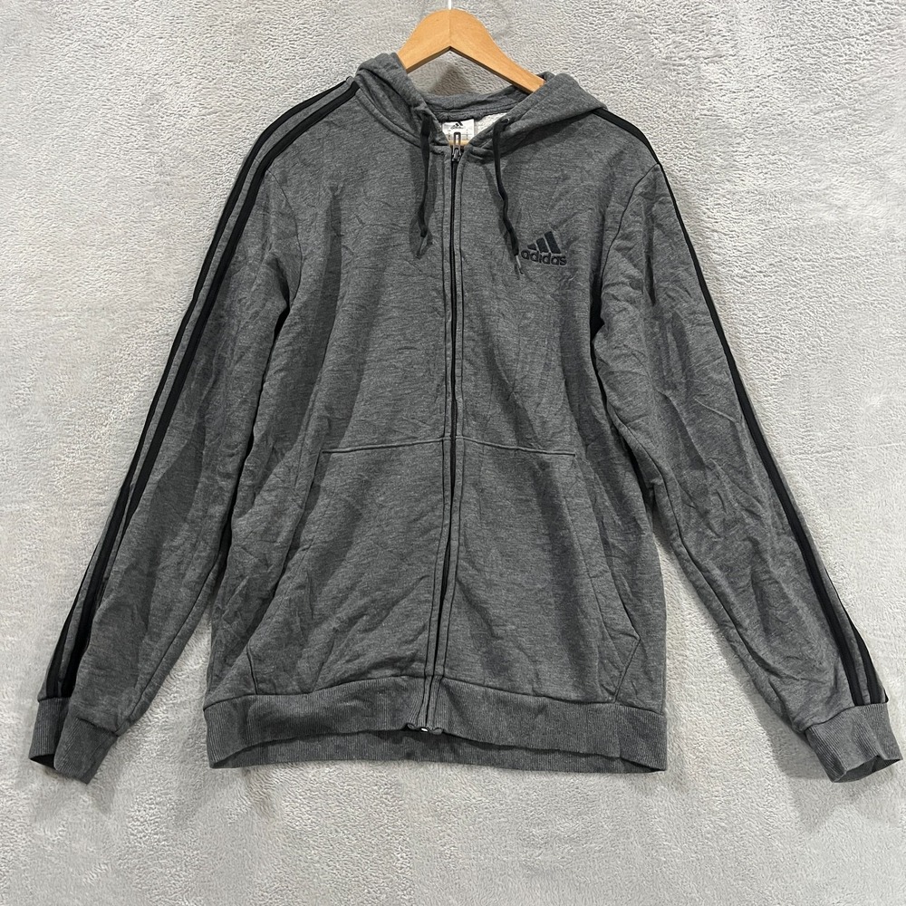 Adidas Hoodie Mens Large Gray Fleece Lined Black Stripes Long Sleeve Full Zip